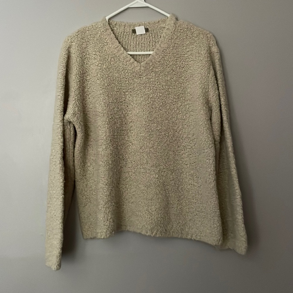 J. Crew V neck acrylic wool blend sweater. Machine wash. Nice, some wear